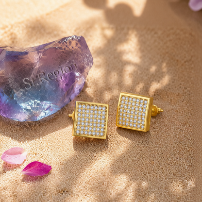Cubic Zirconia & 18K Gold-Plated Curved Square Stud Earrings