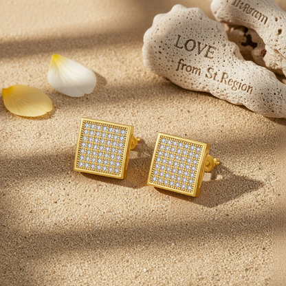Cubic Zirconia & 18K Gold-Plated Curved Square Stud Earrings