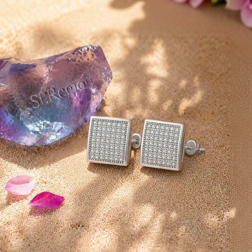 Cubic Zirconia & Silver-Plated Square Stud Earrings