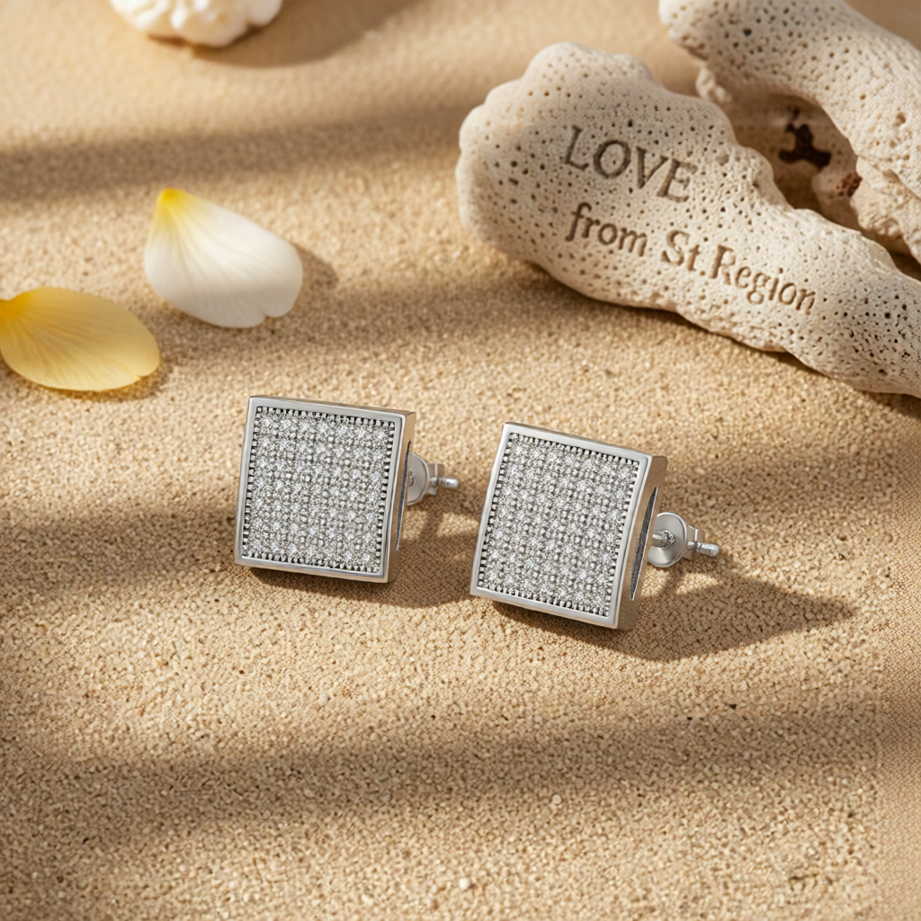 Cubic Zirconia & Silver-Plated Square Stud Earrings