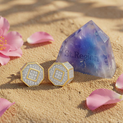 Cubic Zirconia and Two-Tone Octagon Stud Earrings, cubic zirconia stud earrings for women, everyday style, detail close-up