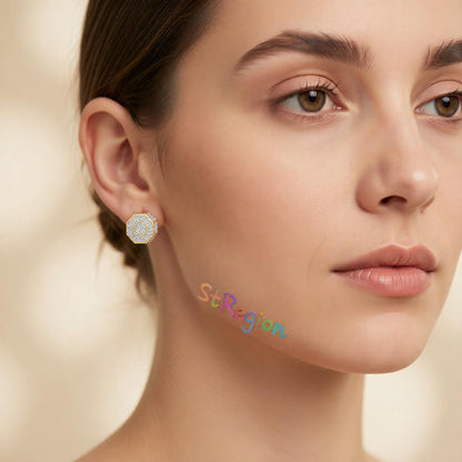 Cubic Zirconia and Two-Tone Octagon Stud Earrings, cubic zirconia stud earrings for women, everyday style, styled look