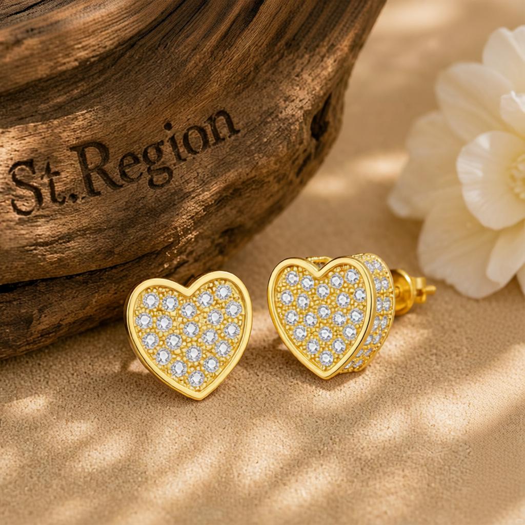 Cubic Zirconia and 18K Gold-Plated Heart Stud Earrings, gold stud earrings for women, everyday style, front view