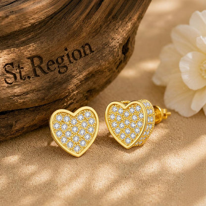 Cubic Zirconia and 18K Gold-Plated Heart Stud Earrings, gold stud earrings for women, everyday style, front view