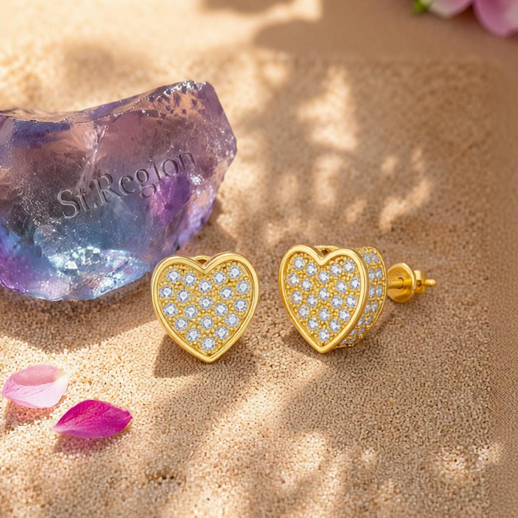 Cubic Zirconia and 18K Gold-Plated Heart Stud Earrings, gold stud earrings for women, everyday style, detail close-up