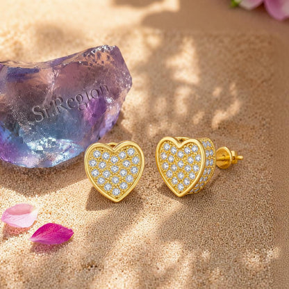 Cubic Zirconia and 18K Gold-Plated Heart Stud Earrings, gold stud earrings for women, everyday style, detail close-up