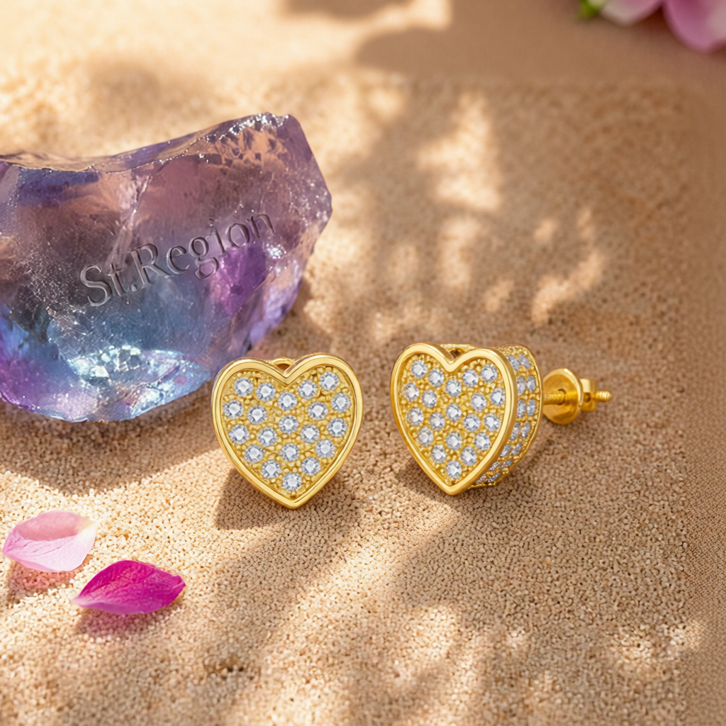Cubic Zirconia & 18K Gold-Plated Heart Stud Earrings