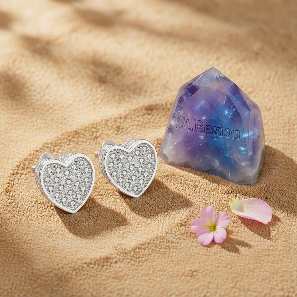 Cubic Zirconia and Silver-Plated Heart Stud Earrings, cubic zirconia stud earrings for women, detail close-up