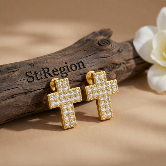 Cubic Zirconia & 18K Gold-Plated Cross Stud Earrings