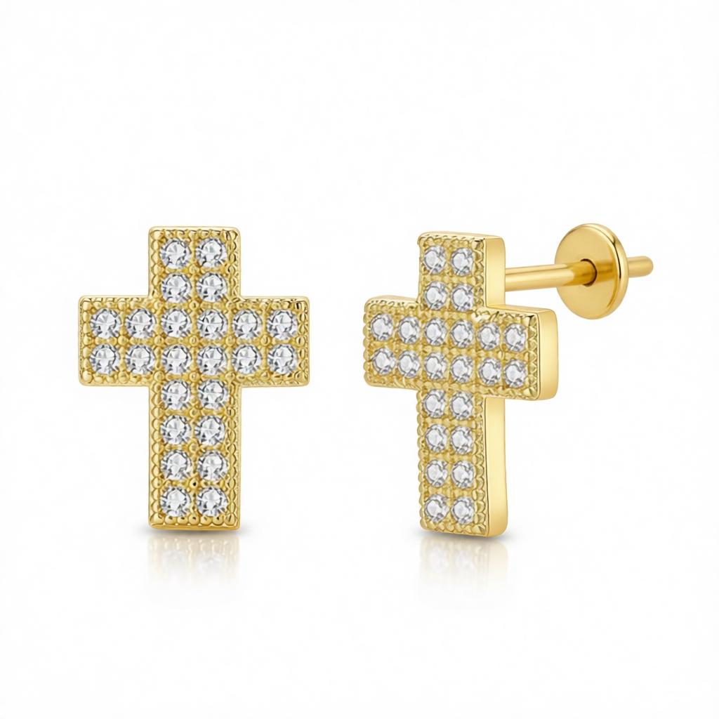 Cubic Zirconia and 18K Gold-Plated Cross Stud Earrings, cubic zirconia stud earrings for women, side view