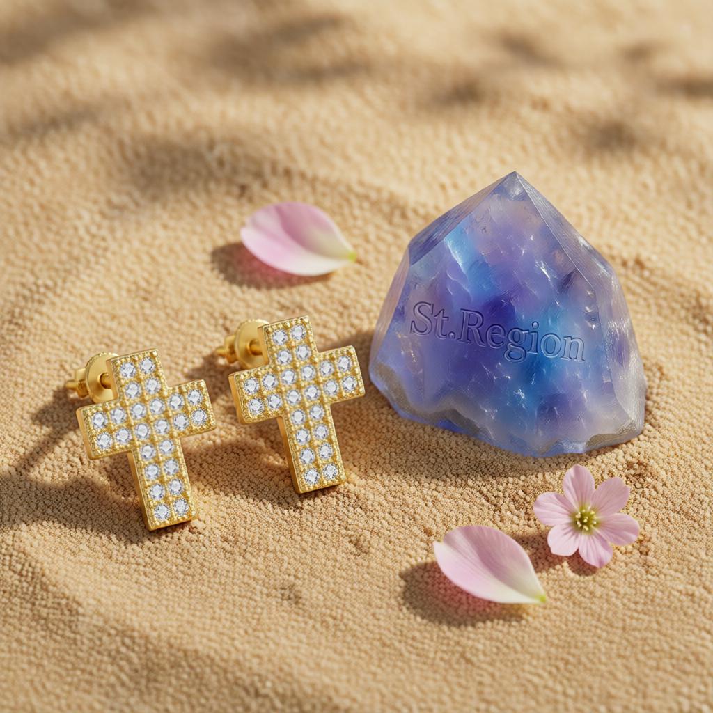 Cubic Zirconia and 18K Gold-Plated Cross Stud Earrings, cubic zirconia stud earrings for women, detail close-up