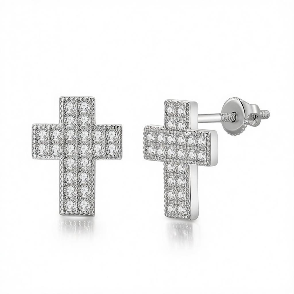 Cubic Zirconia & Silver-Plated Cross Stud Earrings