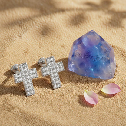 Cubic Zirconia & Silver-Plated Cross Stud Earrings