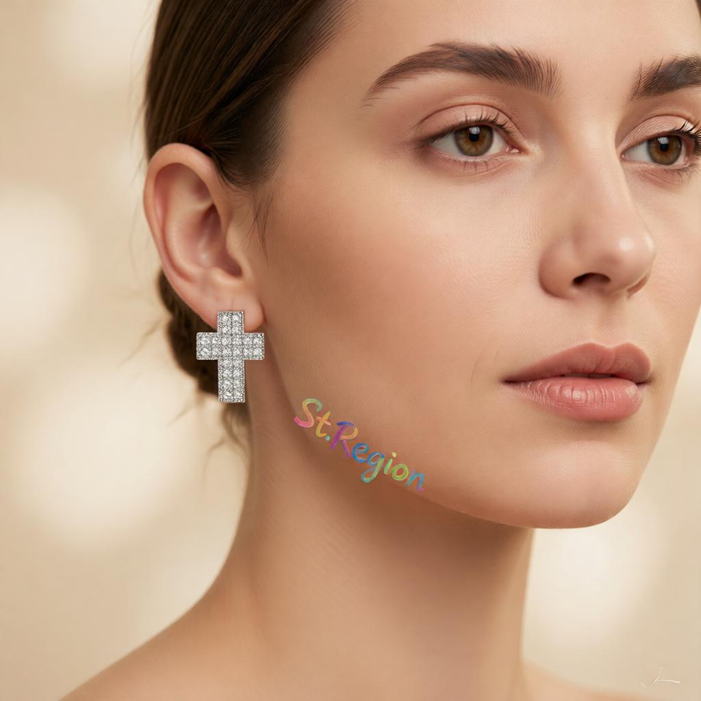 Cubic Zirconia & Silver-Plated Cross Stud Earrings