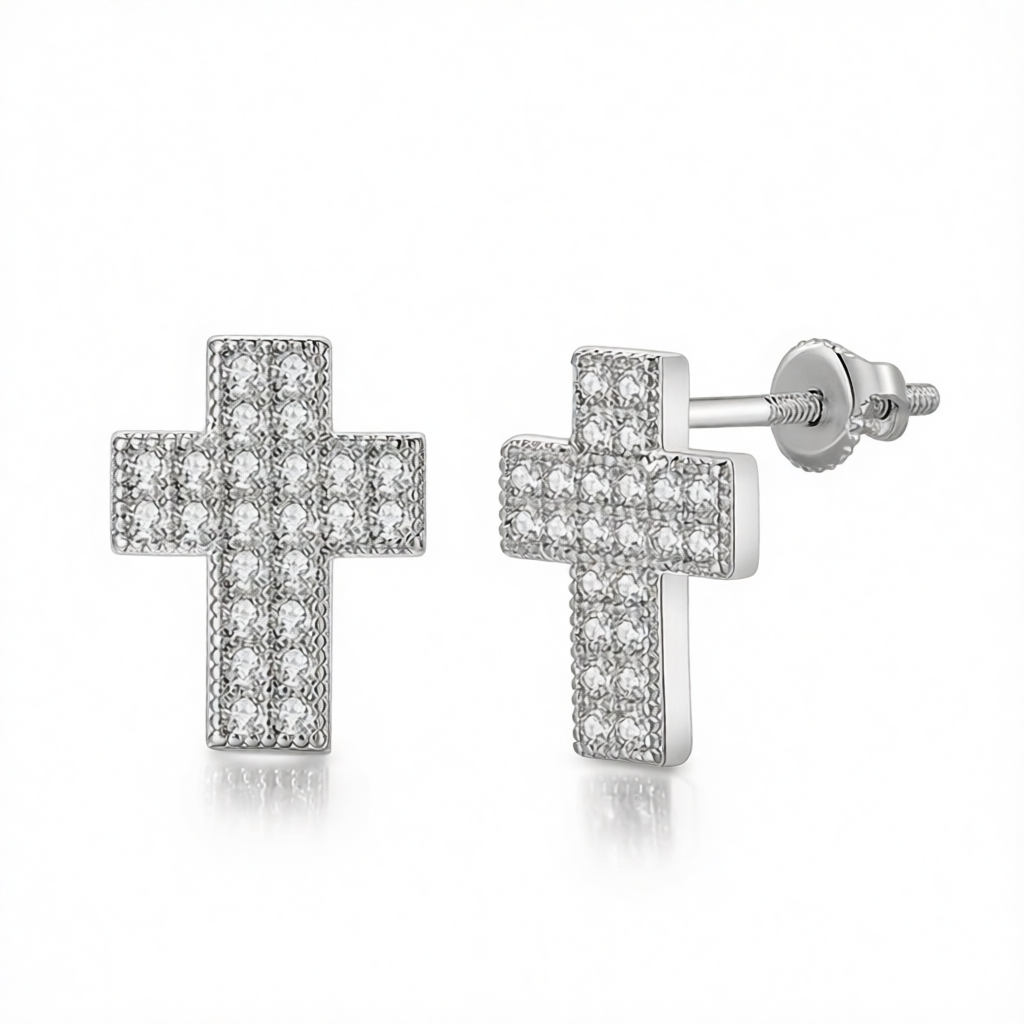 Cubic Zirconia & Silver-Plated Cross Stud Earrings