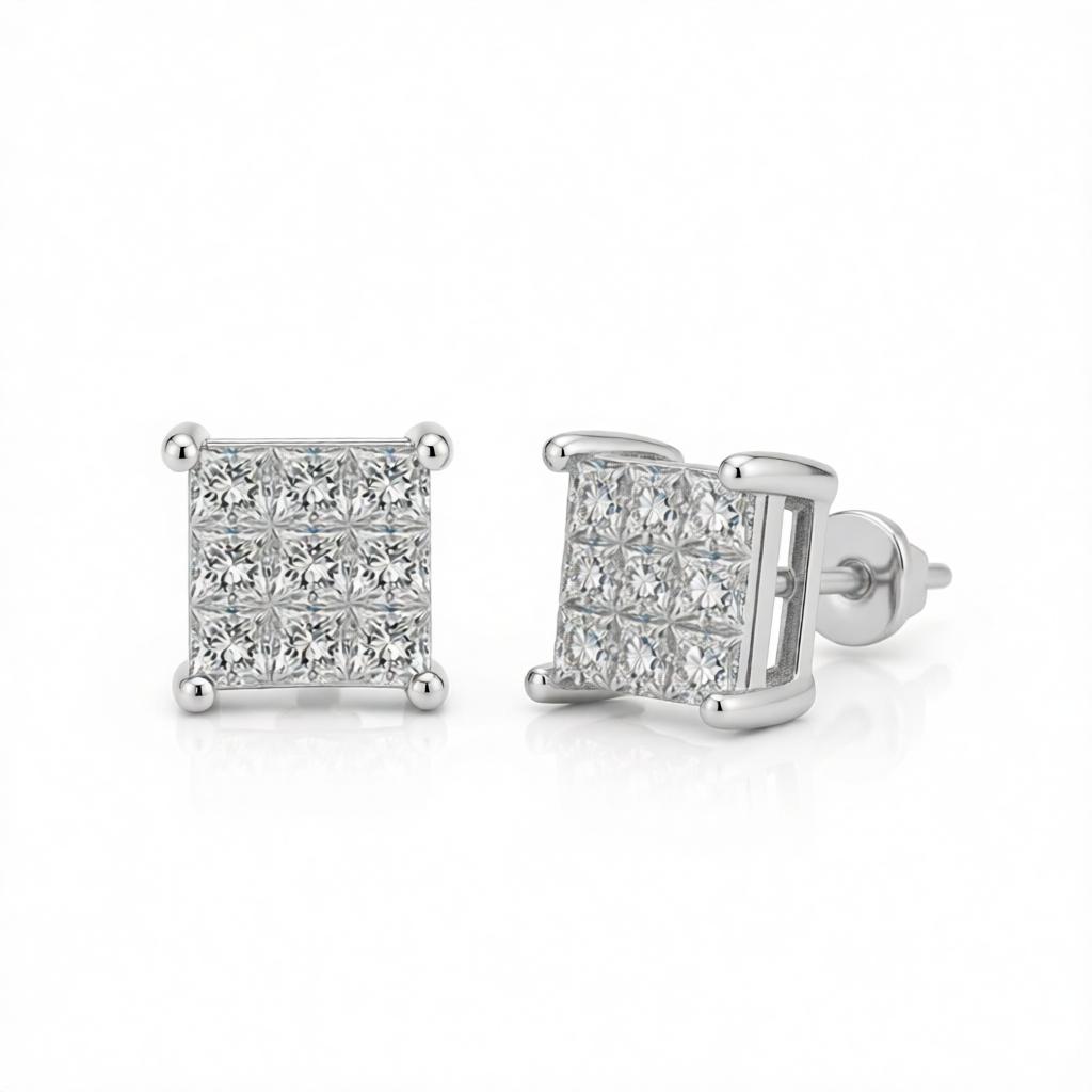 Crystal & Silver-Plated 0.24'' Invisible Square Stud Earrings