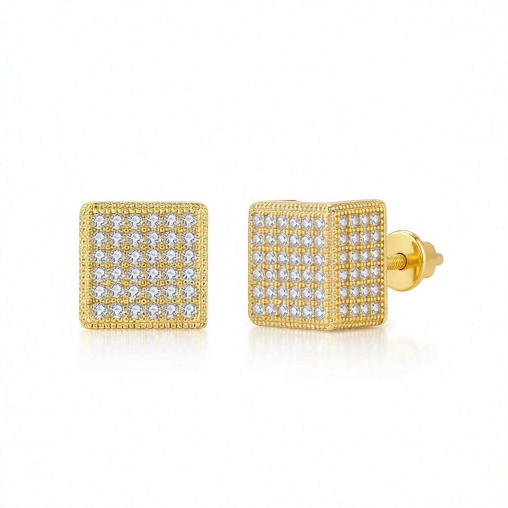 Cubic Zirconia and 18K Gold-Plated Cube Stud Earrings, gold stud earrings for women, botanical inspired, side view