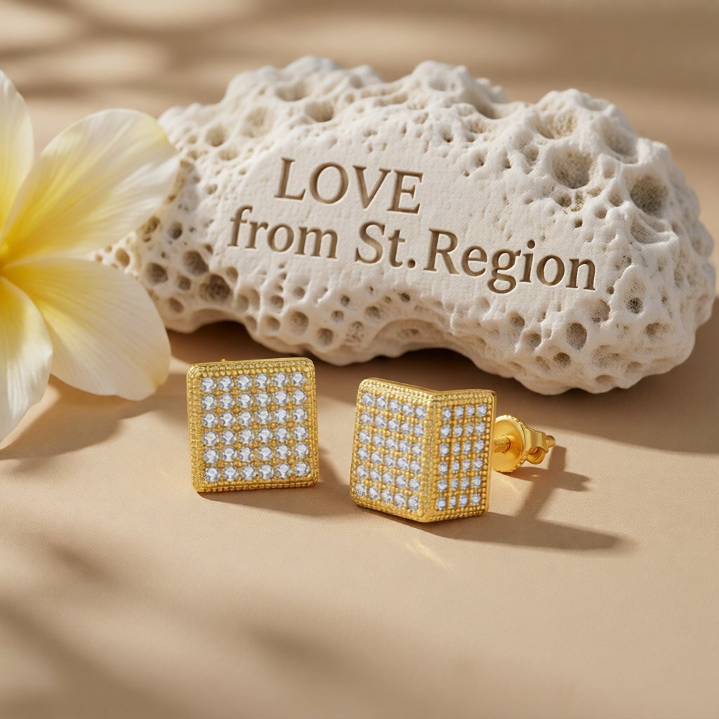 Cubic Zirconia and 18K Gold-Plated Cube Stud Earrings, gold stud earrings for women, botanical inspired, lifestyle look