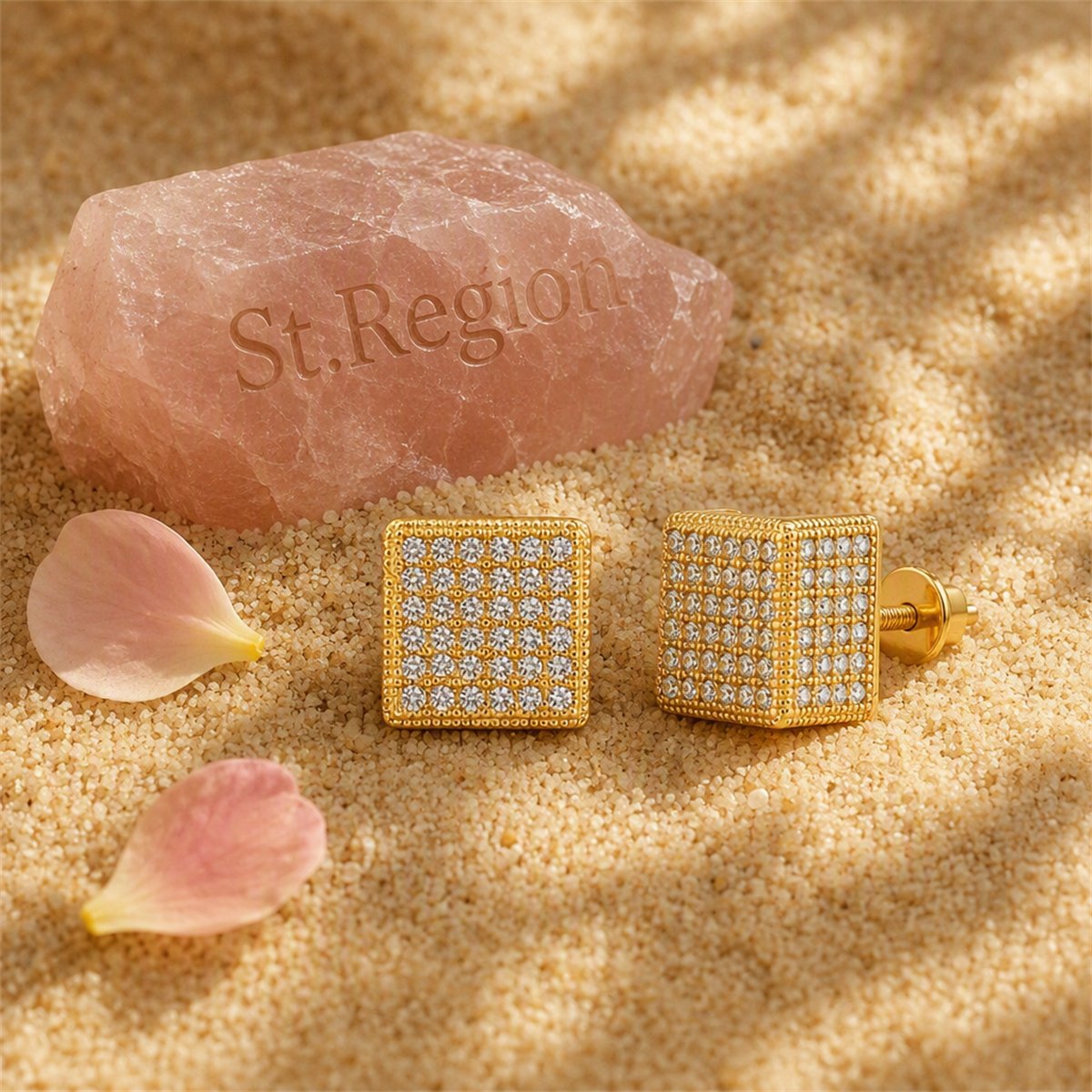 Cubic Zirconia and 18K Gold-Plated Cube Stud Earrings, gold stud earrings for women, botanical inspired, detail close-up