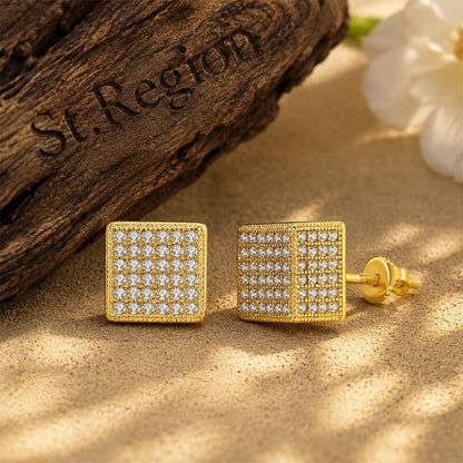 Cubic Zirconia and 18K Gold-Plated Cube Stud Earrings, gold stud earrings for women, botanical inspired, front view