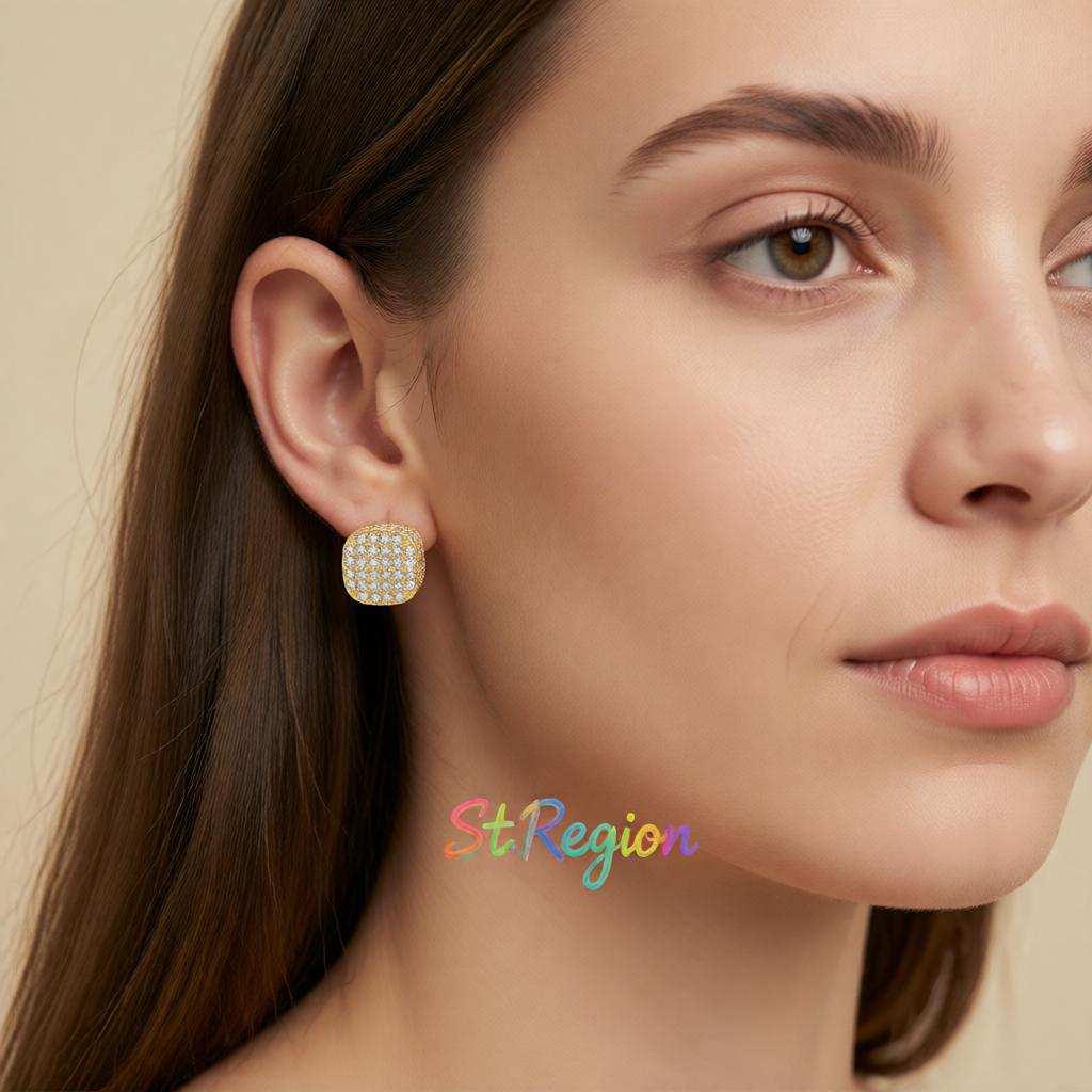 Cubic Zirconia and 18K Gold-Plated Cushion Stud Earrings, cubic zirconia stud earrings for women, styled look