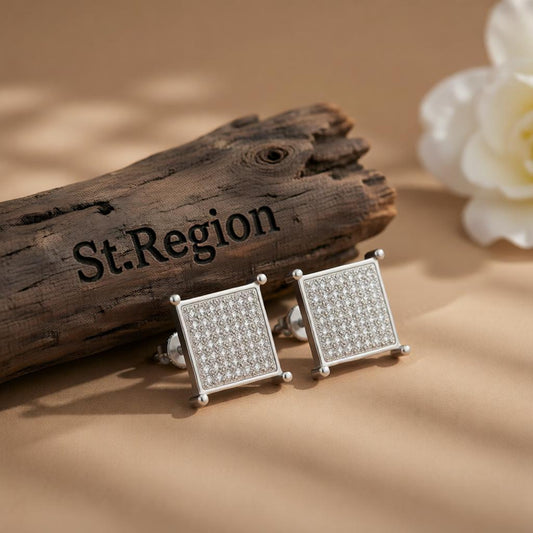 Cubic Zirconia and Silver-Plated Square Stud Earrings, cubic zirconia stud earrings for women, front view