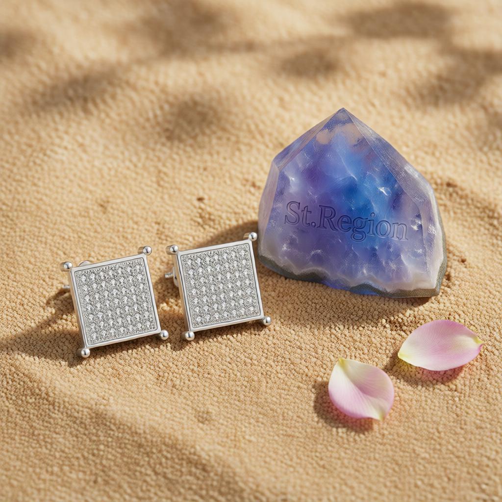 Cubic Zirconia and Silver-Plated Square Stud Earrings, cubic zirconia stud earrings for women, detail close-up