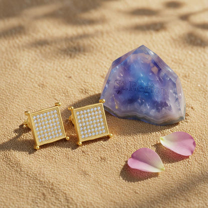 Cubic Zirconia and 18K Gold-Plated Square Stud Earrings, cubic zirconia stud earrings for women, detail close-up