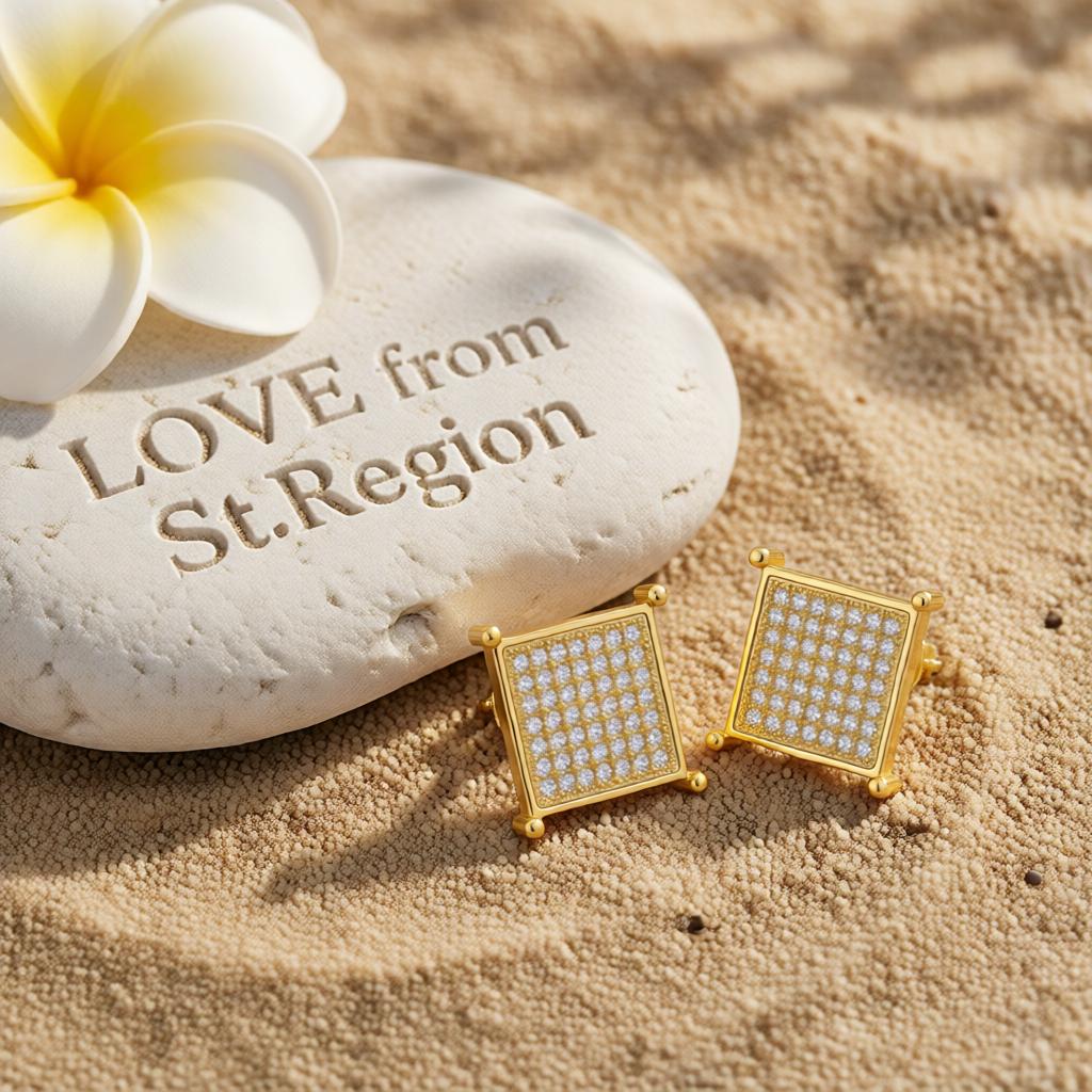 Cubic Zirconia and 18K Gold-Plated Square Stud Earrings, cubic zirconia stud earrings for women, lifestyle look