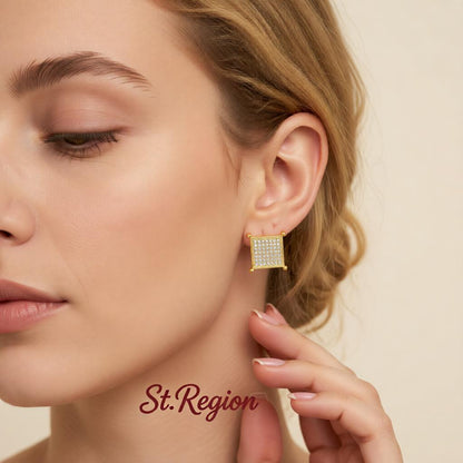 Cubic Zirconia and 18K Gold-Plated Square Stud Earrings, cubic zirconia stud earrings for women, everyday style, styled look