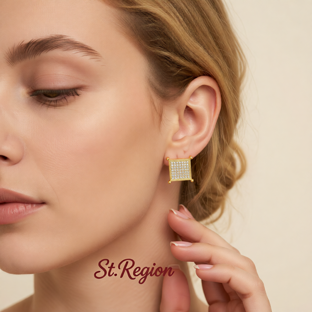 Cubic Zirconia & 18K Gold-Plated Square Stud Earrings