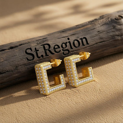 Cubic Zirconia and 18K Gold-Plated Square Huggie Earrings, gold huggie earrings, dainty minimalist design, front view
