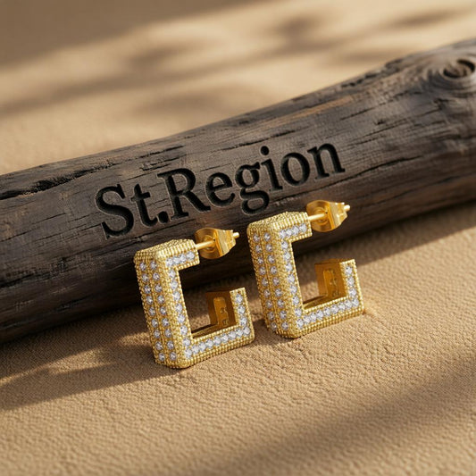 Cubic Zirconia and 18K Gold-Plated Square Huggie Earrings, gold huggie earrings, dainty minimalist design, front view