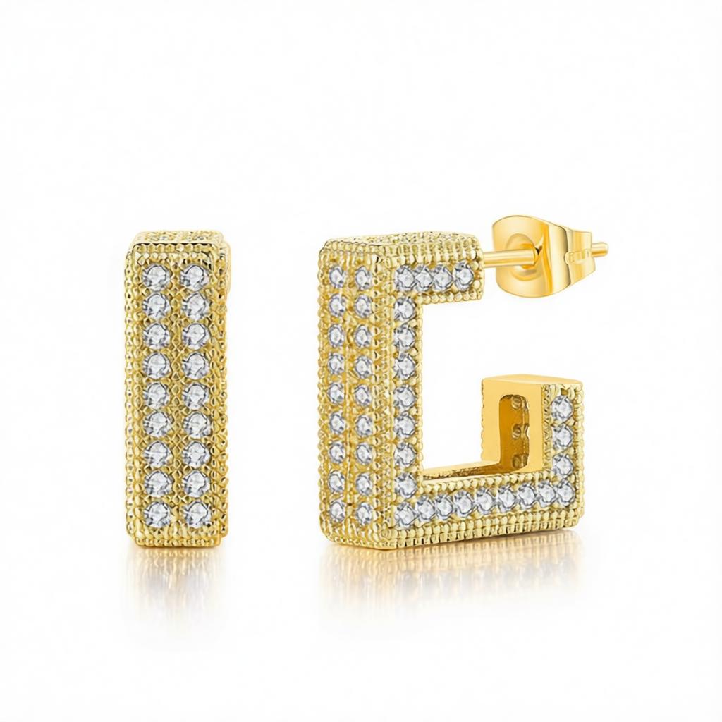 Cubic Zirconia and 18K Gold-Plated Square Huggie Earrings, gold huggie earrings, dainty minimalist design, side view