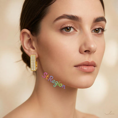 Cubic Zirconia and 18K Gold-Plated Square Huggie Earrings, gold huggie earrings, dainty minimalist design, styled look