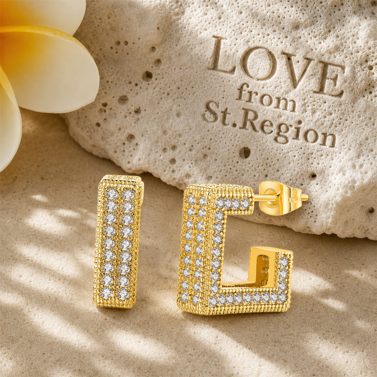 Cubic Zirconia & 18K Gold-Plated Square Huggie Earrings