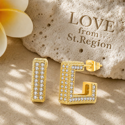 Cubic Zirconia & 18K Gold-Plated Square Huggie Earrings