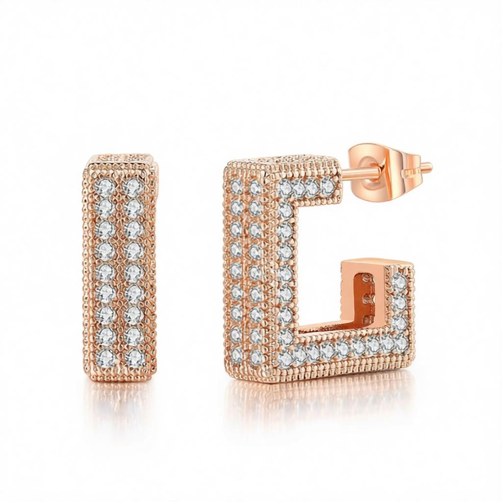 Cubic Zirconia and 18K Rose Gold-Plated Square Huggie Earrings, rose gold huggie earrings, botanical inspired, side view