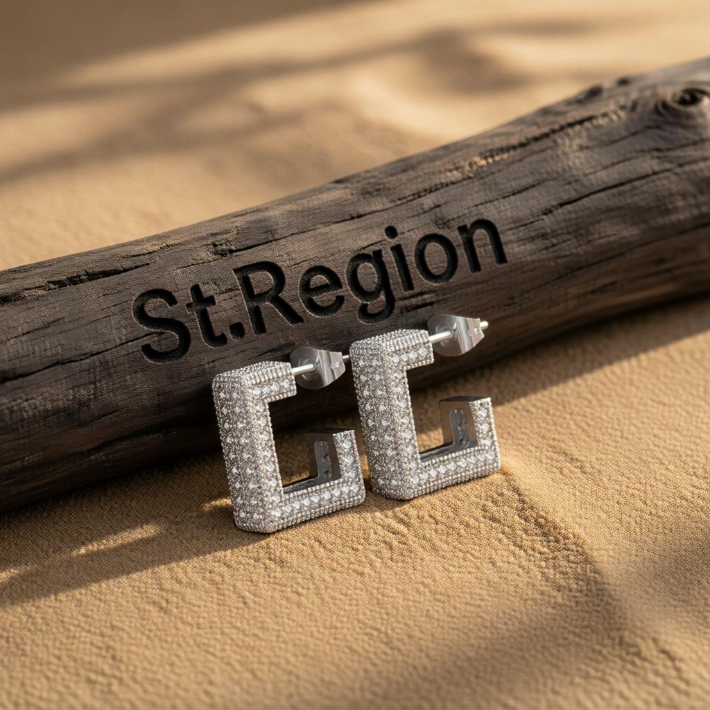 Cubic Zirconia and Silver-Plated Square Huggie Earrings, silver huggie earrings, vintage-inspired design, front view
