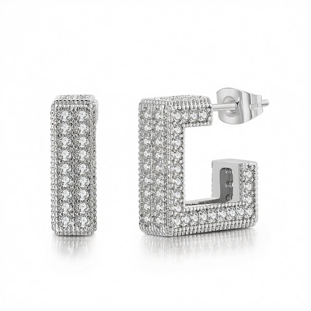 Cubic Zirconia and Silver-Plated Square Huggie Earrings, silver huggie earrings, vintage-inspired design, side view