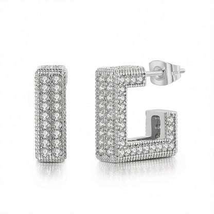 Cubic Zirconia and Silver-Plated Square Huggie Earrings, silver huggie earrings, vintage-inspired design, side view