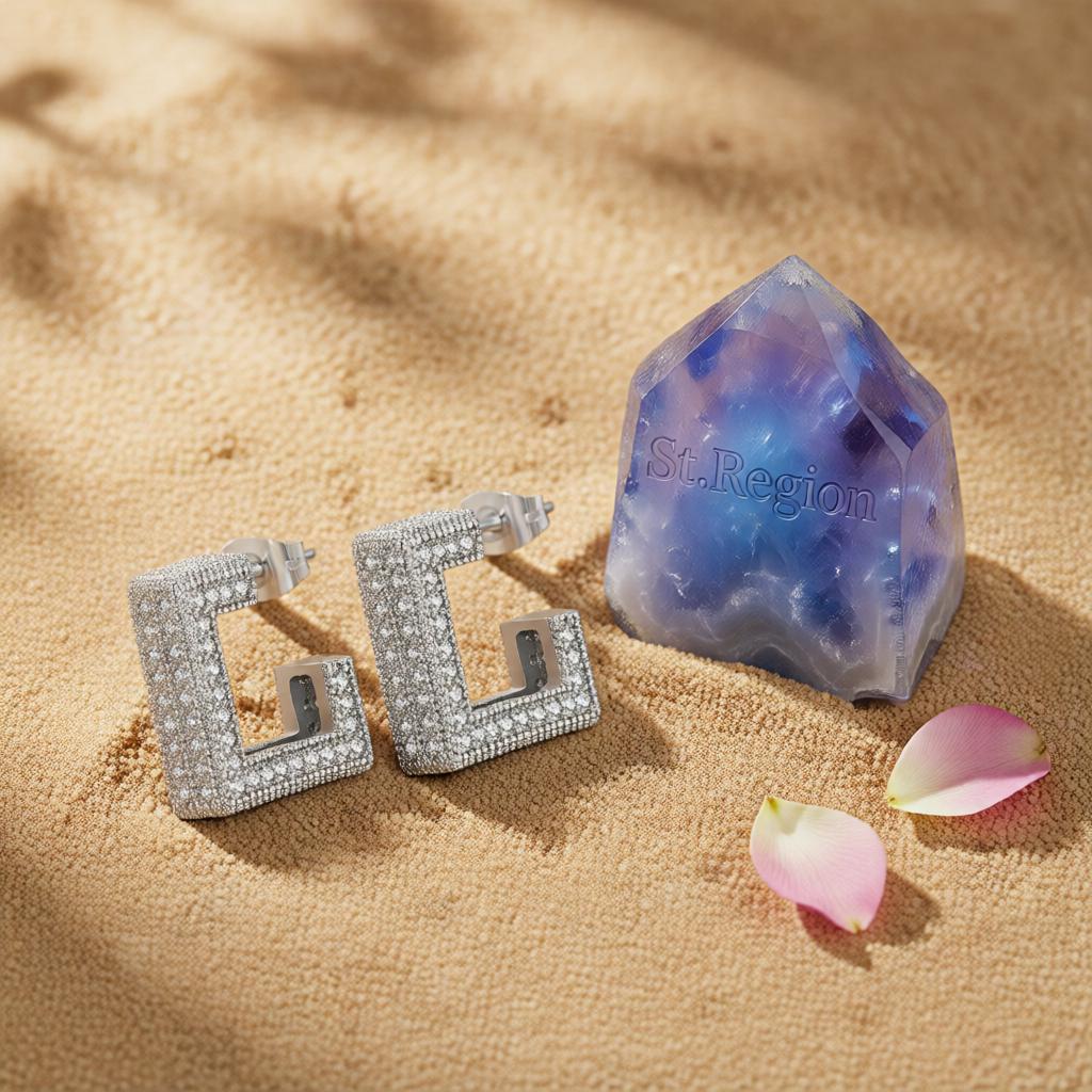 Cubic Zirconia and Silver-Plated Square Huggie Earrings, silver huggie earrings, vintage-inspired design, detail close-up