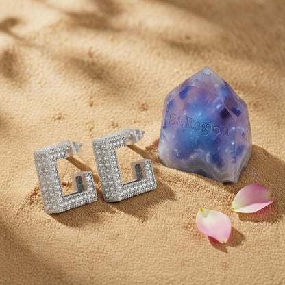 Cubic Zirconia and Silver-Plated Square Huggie Earrings, silver huggie earrings, vintage-inspired design, detail close-up