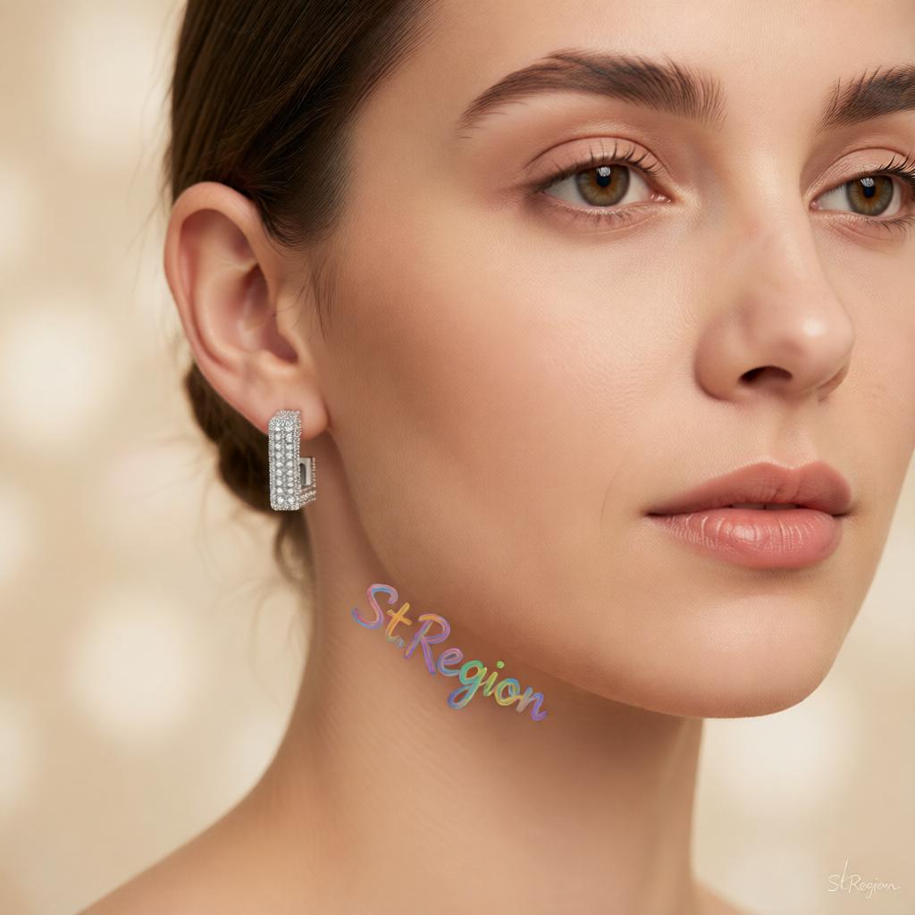 Cubic Zirconia and Silver-Plated Square Huggie Earrings, silver huggie earrings, vintage-inspired design, styled look