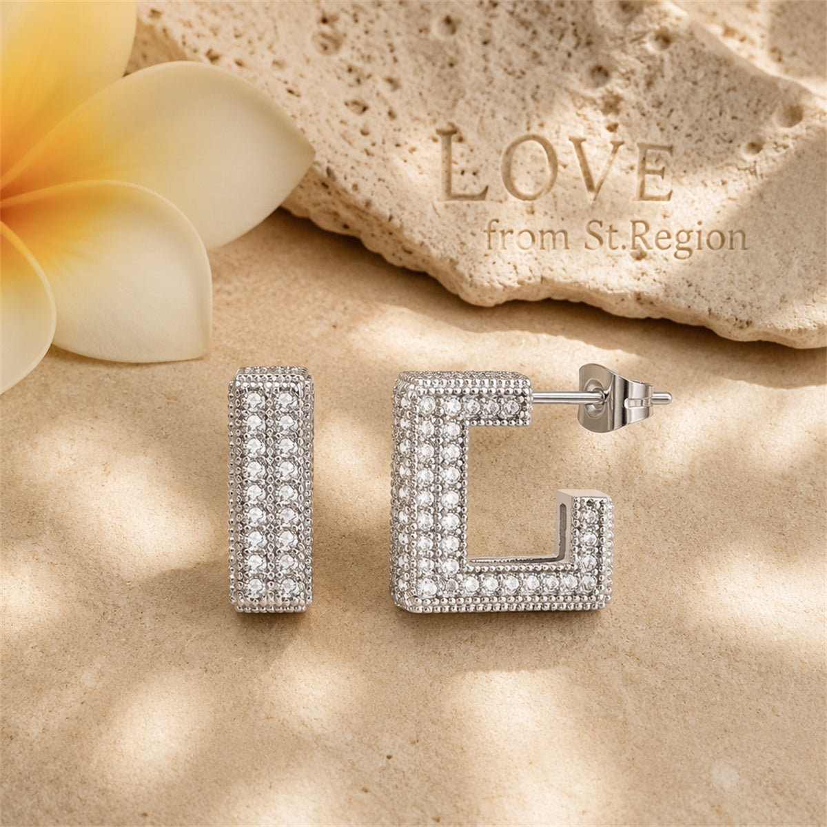 Cubic Zirconia & Silver-Plated Square Huggie Earrings
