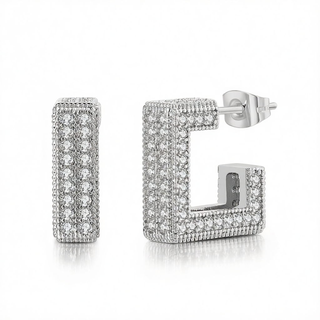 Cubic Zirconia & Silver-Plated Square Huggie Earrings