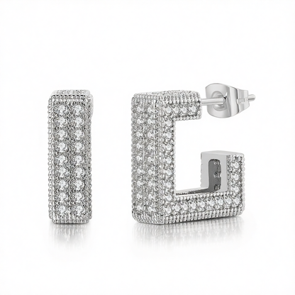 Cubic Zirconia & Silver-Plated Square Huggie Earrings