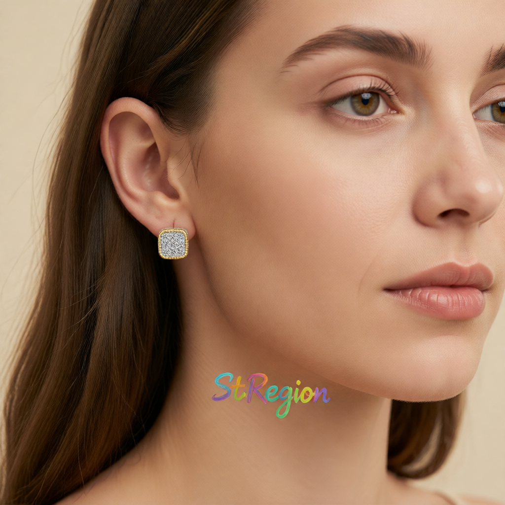 Cubic Zirconia & Two Tone Rounded Square Stud Earrings