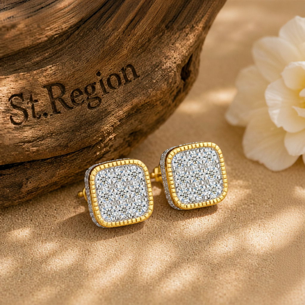 Cubic Zirconia & Two Tone Rounded Square Stud Earrings