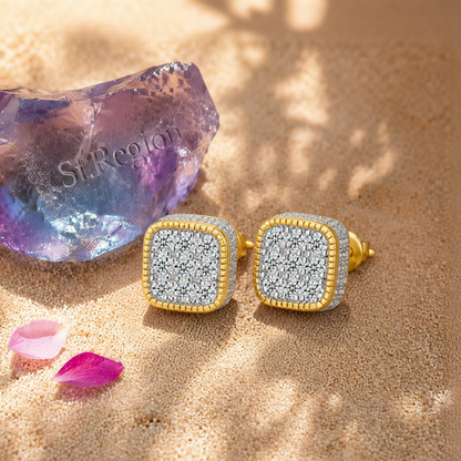 Cubic Zirconia & Two Tone Rounded Square Stud Earrings
